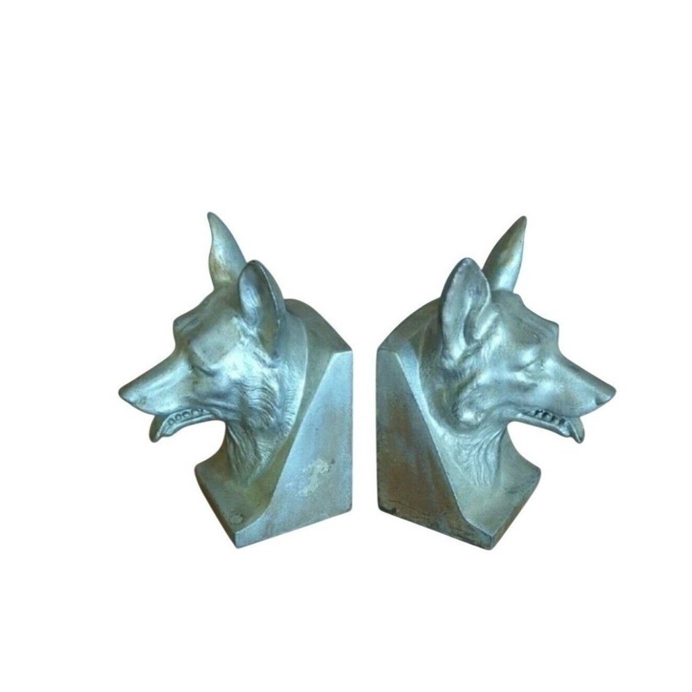 Vintage Heavy Metal German Shepherd Dog Bookends Silver Patina Set of 2